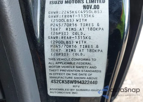 2001 Isuzu Rodeo Ls 3.2L V6/Lse 3.2L V6/S 3.2L V6 из США, поврежденный, VIN 4S2CK58W914322440